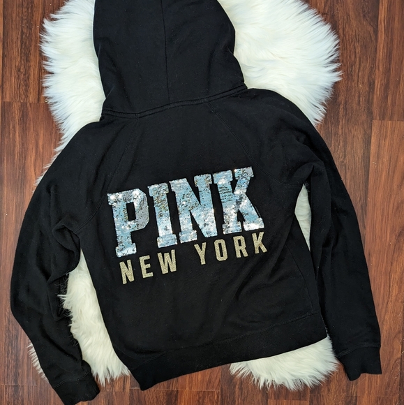 PINK Victoria's Secret Tops - PINK Victoria's Secret Sequin Bling Zip Up Hoodie PINK New York